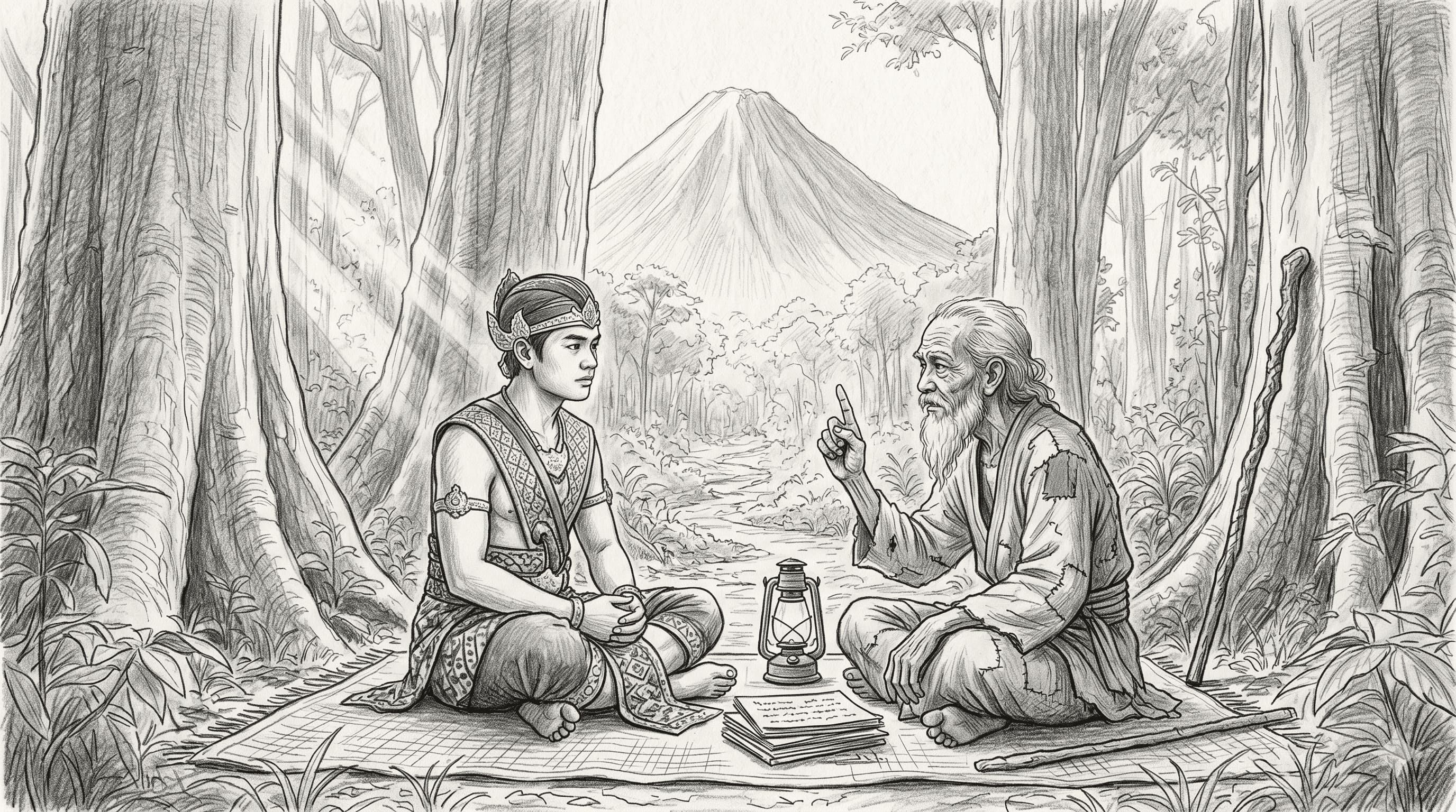 Bhre Kertabhumi berdiri di rimba kaki Gunung Semeru saat kabut pagi dan cahaya emas menyelimuti pepohonan, menandai awal perjalanan takdirnya sebagai pangeran Majapahit.
