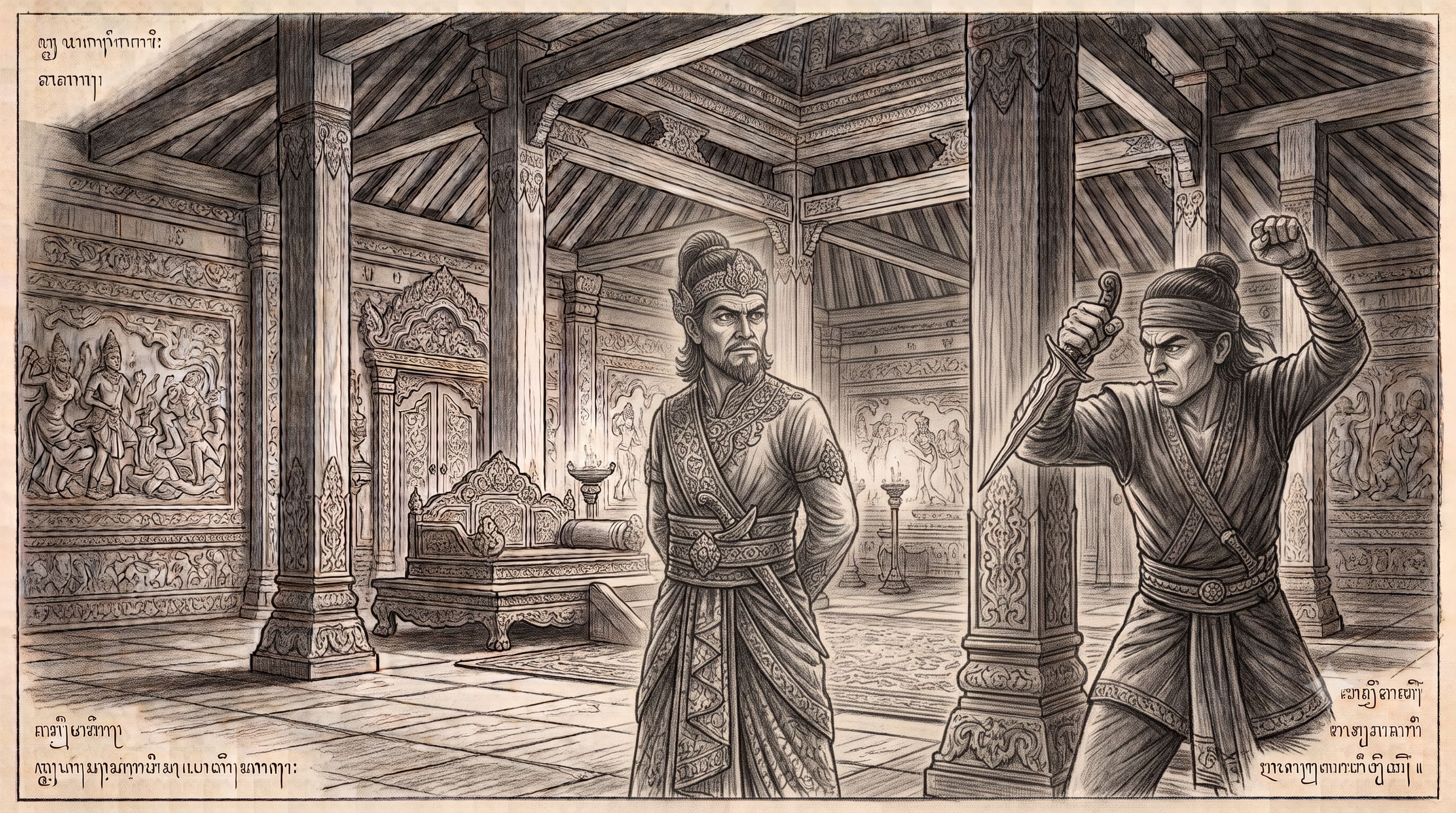 Sketch of epic classical Javanese illustration inside Majapahit's Bangsal Witana. Prabu Rajasawardhana stands upright from behind in royal robes, while beside a great pillar, the shadow assassin Bharingan grips a five-<em>luk</em> keris with cold gaze, preparing to commit regicidal betrayal.