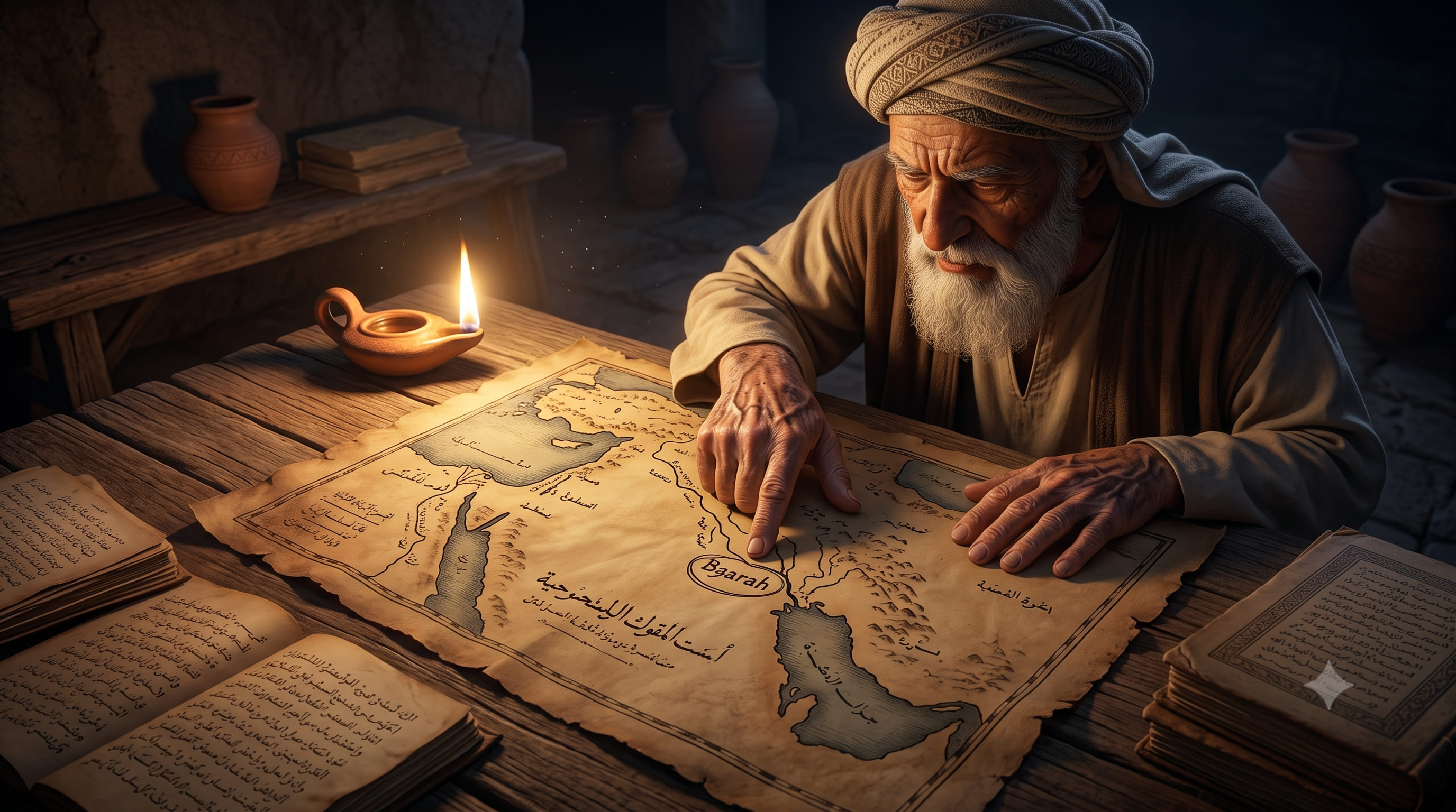An old wise man with a thick white beard wearing a traditional coarse-textured turban, bowing in concentration over an old wooden table illuminated by an ancient oil lantern. His wrinkled index finger points firmly toward the circle labeled 'Basrah' on an ancient goatskin map filled with classical Arabic calligraphy, surrounded by stacks of high-quality books beginning to yellow.