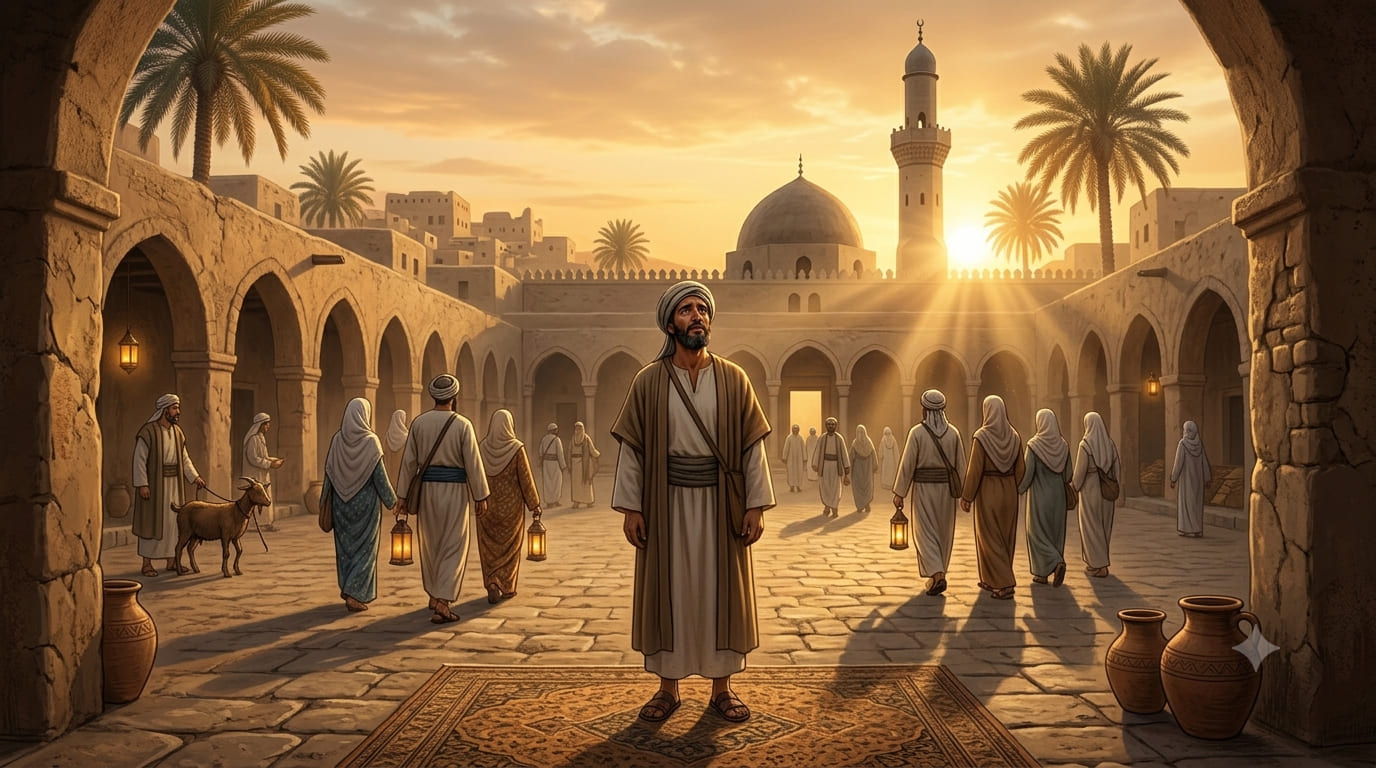 A quiet evening scene in Madinah with the silhouette of the Prophet's Mosque under a golden sunset